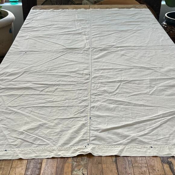 Vintage Off White Tablecloth Blue Stitching 69"x 71.5" - Picture 7 of 14